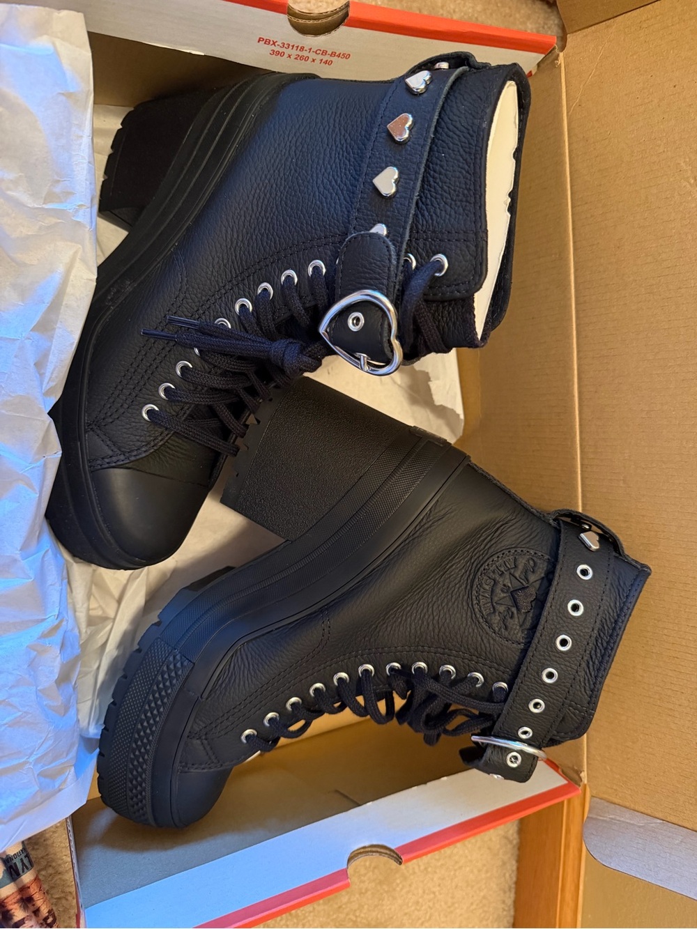 Converse Black Platform Lace-Up Ankle Boots with Heart Buckle Strap